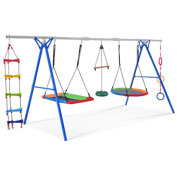 Asa Metal Outdoor Swing Playsets with Climbing Ladder, Saucer Swing, Monkey Bar Swing, Disc Swing and Swing Ring