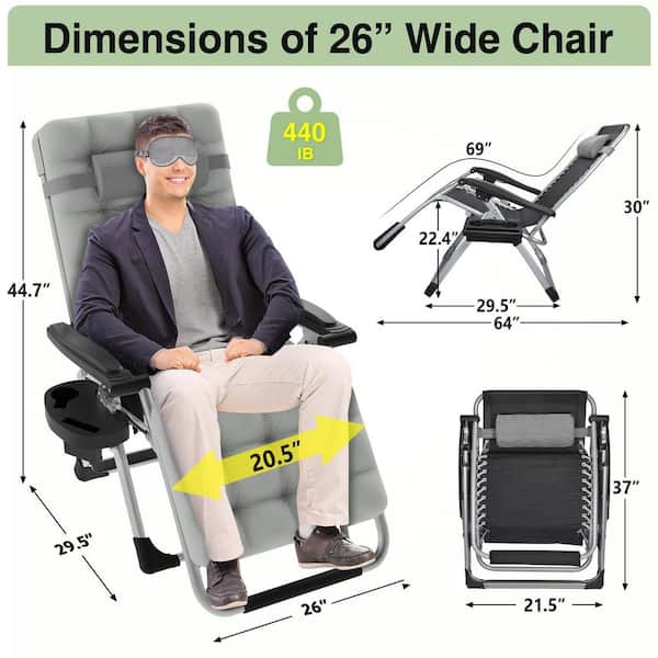 26 in. W Zero Gravity Chair Outdoor Indoor Steel Metal Patio Folding Reclining Lounge Chair with Removable Gray Cushion
