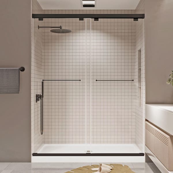 55 in. W x76 in. H Semi Frameless Double Sliding Shower Door Matte Black 8mm Tempered Glass