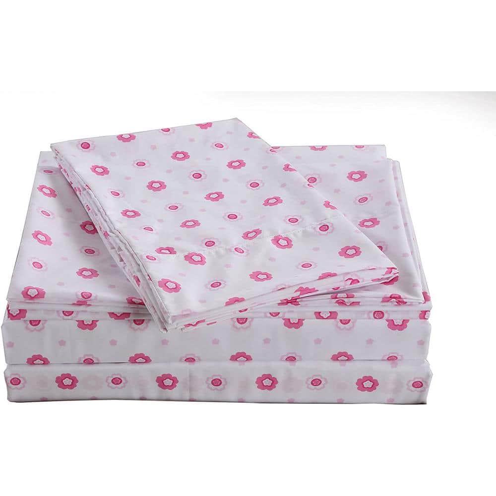 Pink Floral Polyester Microfiber Full Sheet Set with Deep Pockets