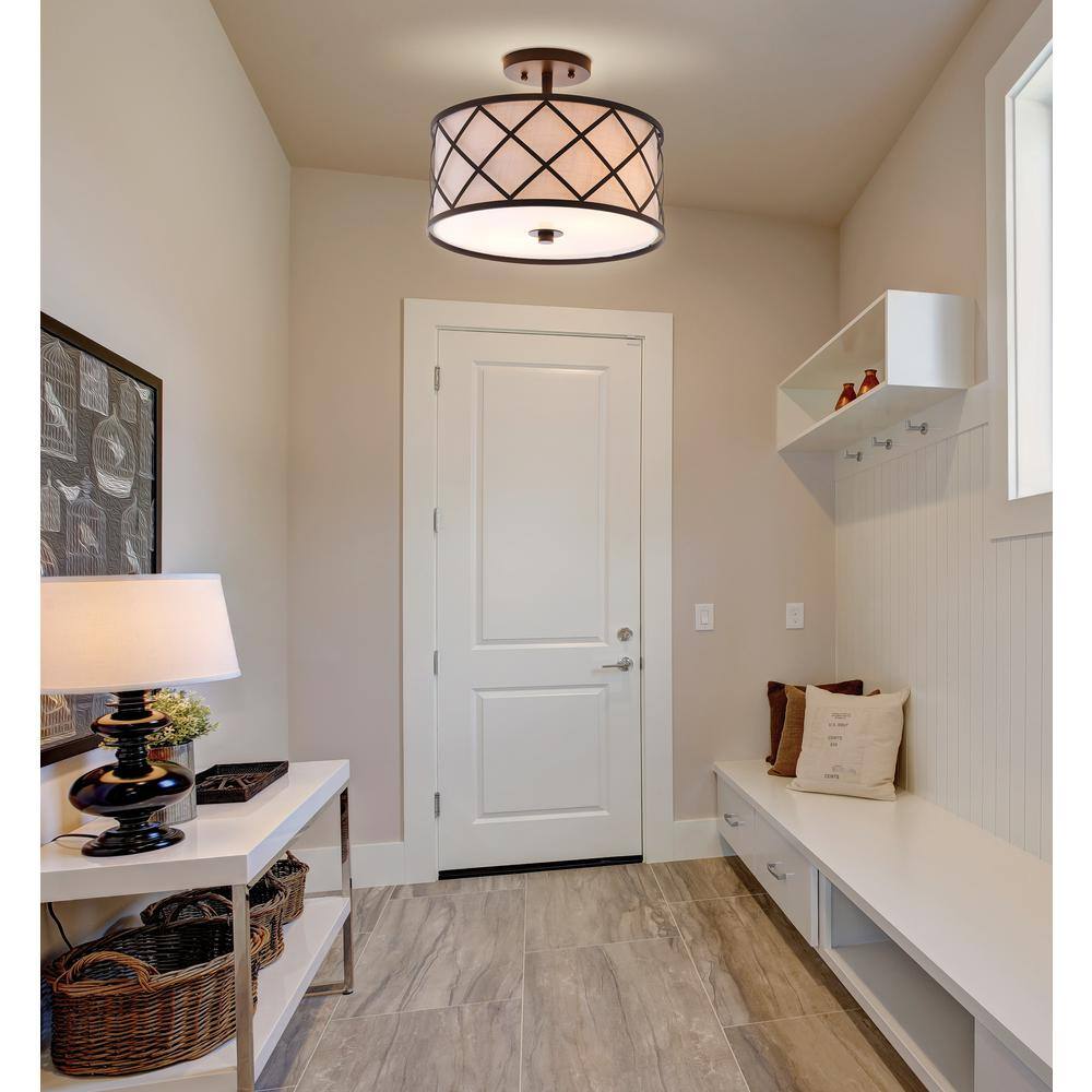 Transitional Elegance 13.25" Bronze LED Flush Mount with White Linen Shade