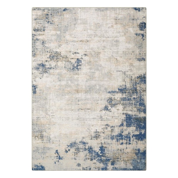 Blue Yellow 9 ft. x 12 ft.  Modern Abstract Washable Stain Resistant  Lint Free Low Pile Polyester Area Rug