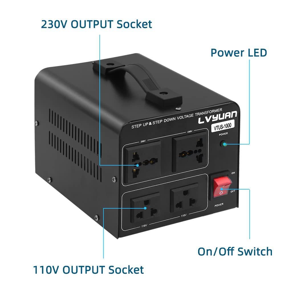 Black 1000W Universal Step Up/Down Voltage Transformer