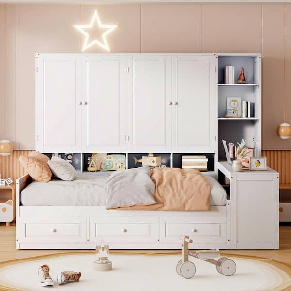 White Stylish Modern Wood Full Daybed with Built-In Cabinet, 3 Drawers, Desk-Versatile Design with 2 Assembly Options