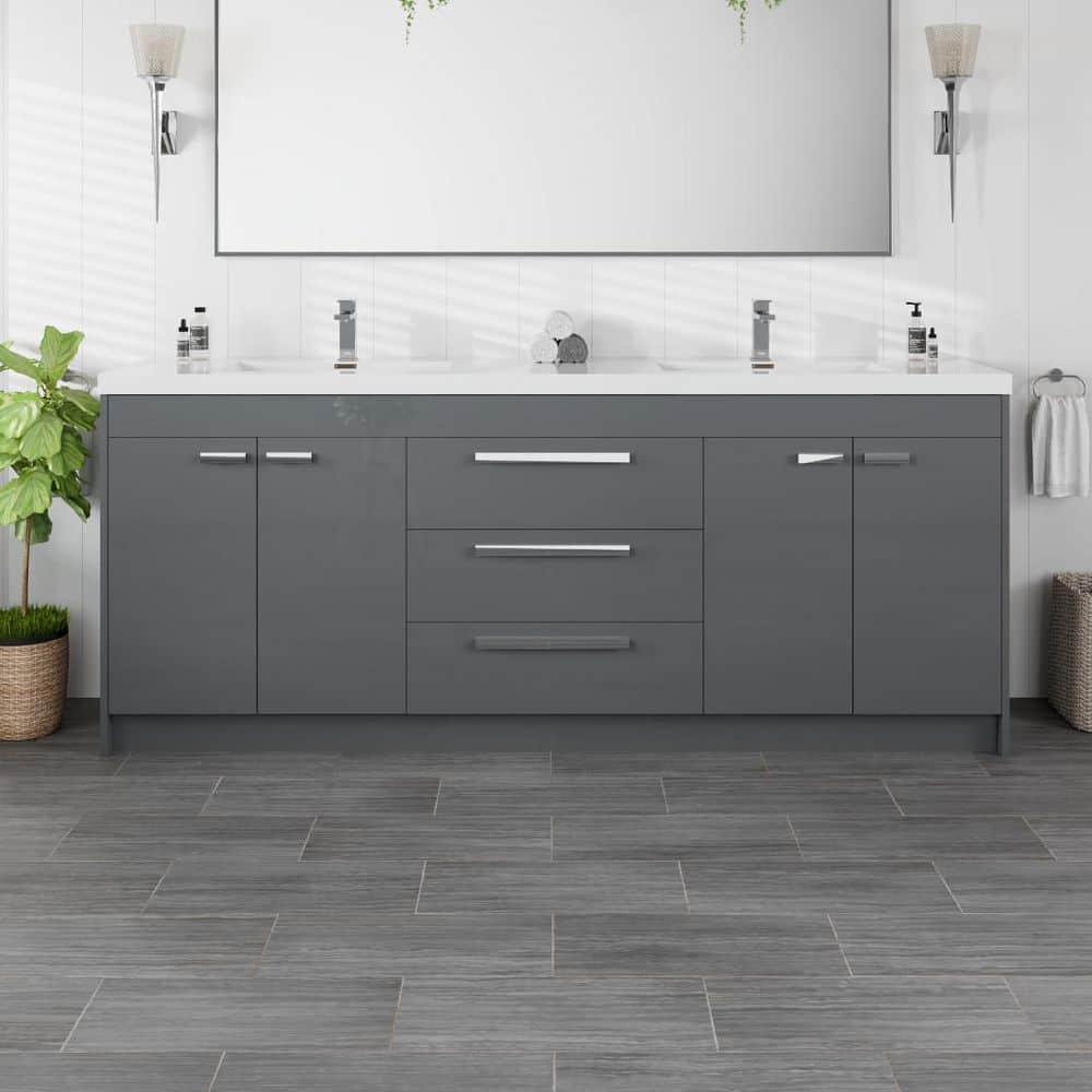 Eviva Lugano 84" Gray Modern Freestanding Double Sink Vanity with Acrylic Top