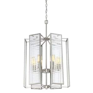Pivot 6-Light Industrial Satin Platinum Chandelier with Clear Lattice Glass Shades For Dining Rooms