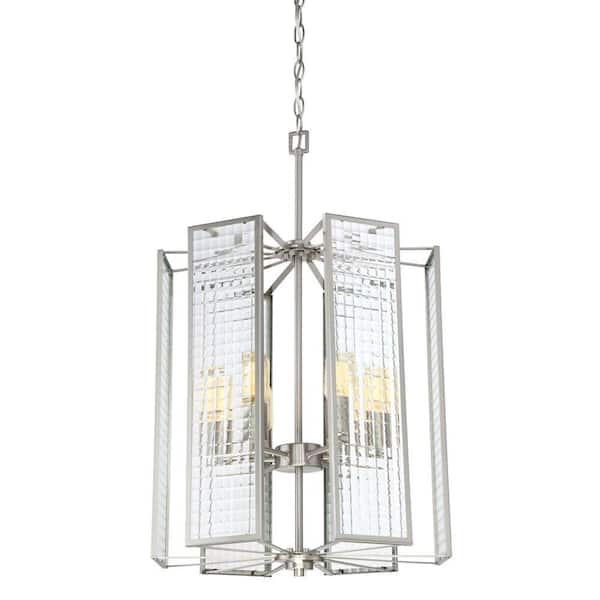 Designers Fountain Pivot 6-Light Industrial Satin Platinum Chandelier with Clear Lattice Glass Shades For Dining Rooms