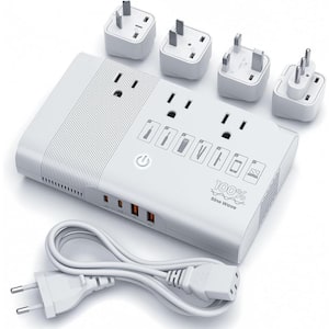 2.9 Amp 3-Outlet 100-220-Volt to 110-Volt Voltage Converter with USB-C and A Travel Adapter Universal Plug in White