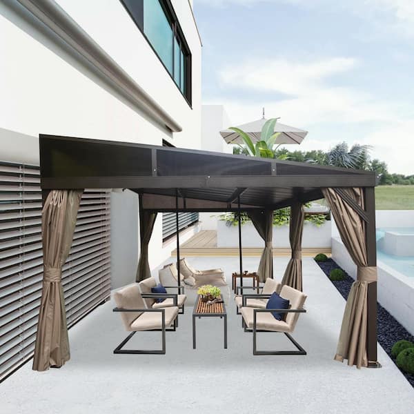 12 ft. x 20 ft. Outdoor Patio Aluminum Frame Galvanized Steel Roof Hardtop Lean To Gazebo with Curtains and Netting