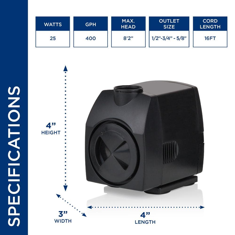 Black Submersible 400 GPH Fountain Stream Pump