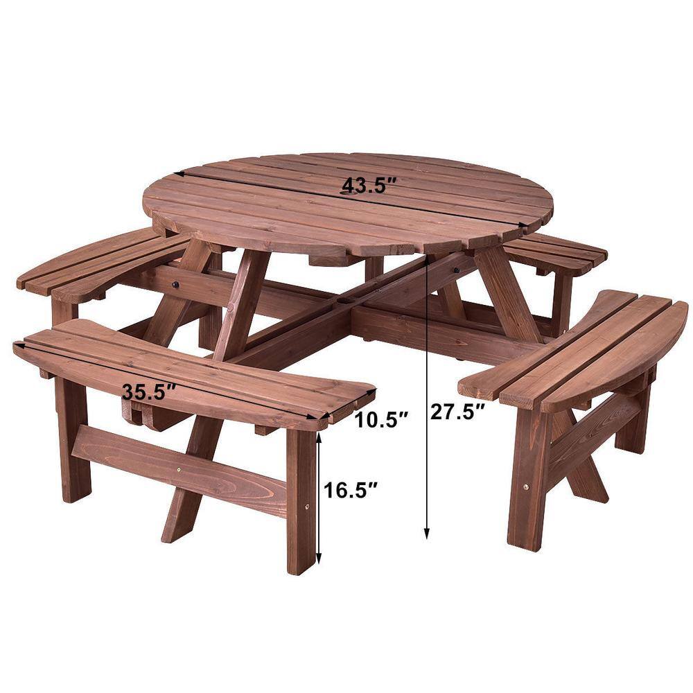 Brown Fir Wood Round Picnic Table Set with Umbrella Hole