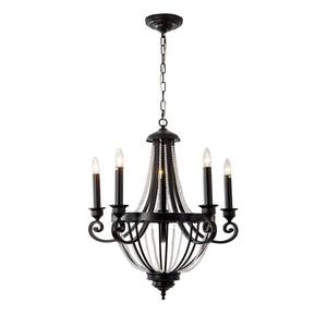 5-Light Modern Farmhouse Black Chandelier with Crystal Accents