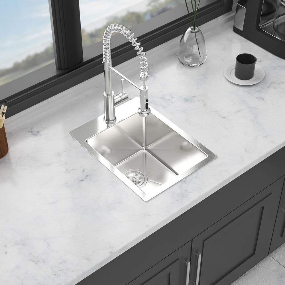 15 in. Drop in Single Bowl 16-Gauge Brushed Nickel Stainless Steel Kitchen 