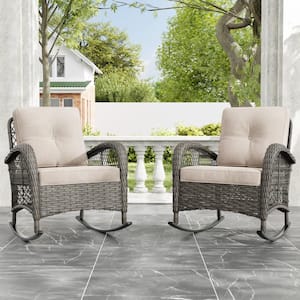 Brown Wicker Outdoor Rocking Chair Patio with Beige Cushions (2-Pack)