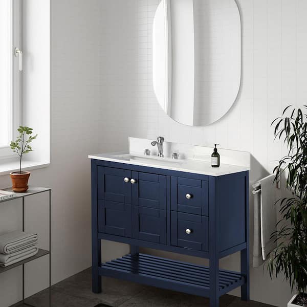 Cora 36 inch Solid Oak Bathroom Vanity with Rectangular Undermount Sink - Navy by Randolph Morris RMAST-36NB-SQWH