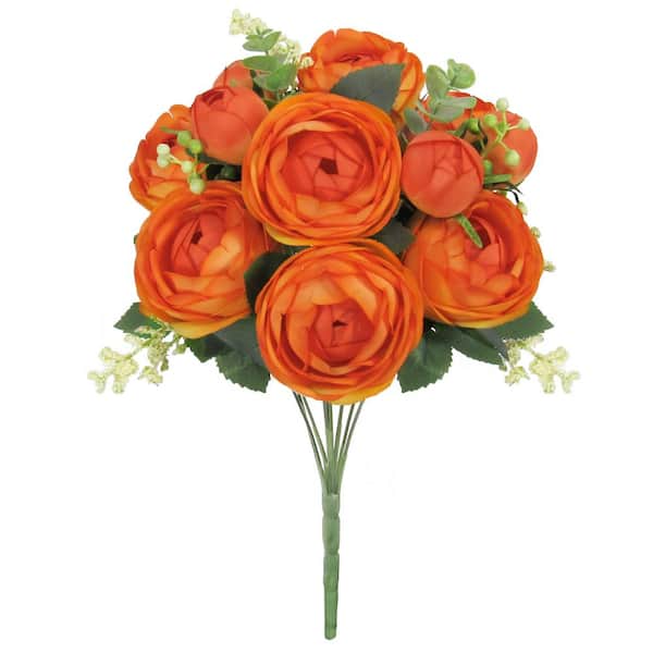 LIVING LUXURY 18 in. Orange Artificial Ranunculus Flower Stem Bush Bouquet (Set of 2)