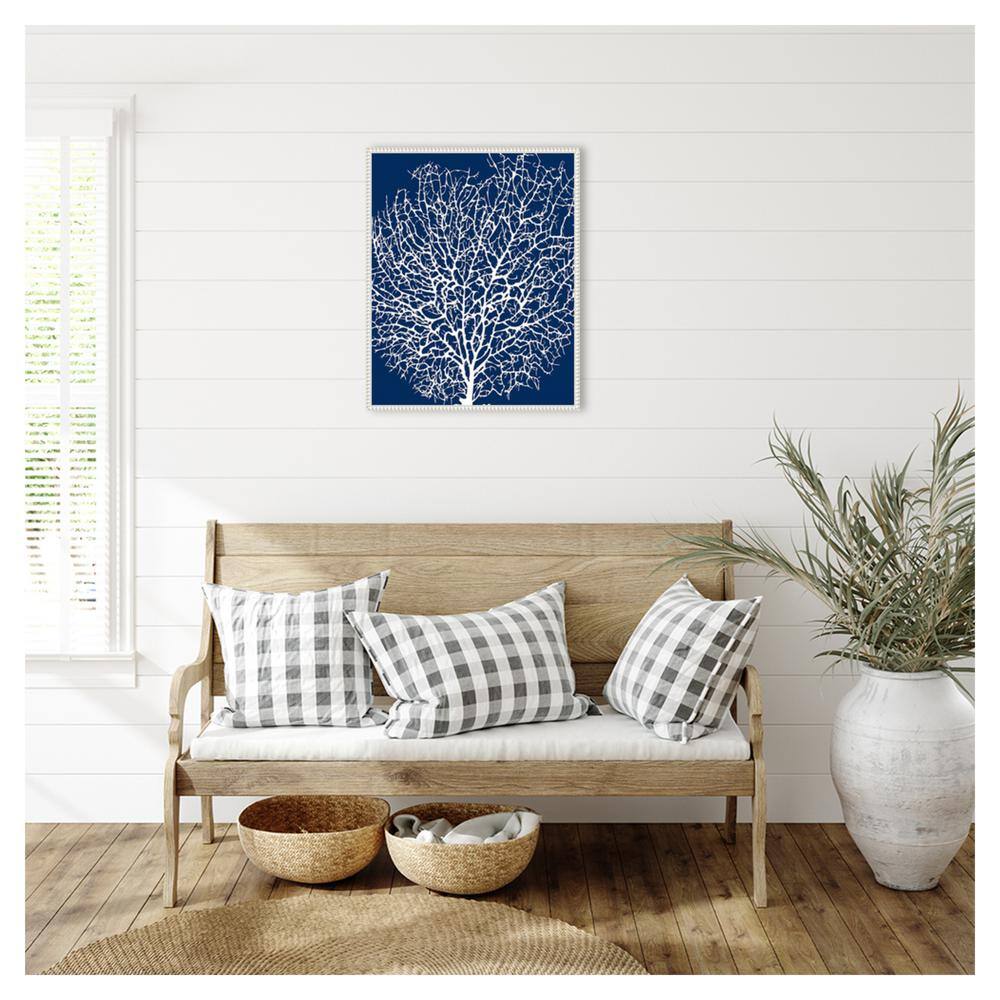 Navy and White Coral Print on Canvas with Beaded Frame