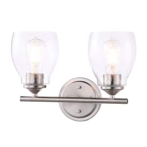 Winsley 14 in. 2-Light Brushed Nickel Vanity Light with Clear Seeded Glass Shades