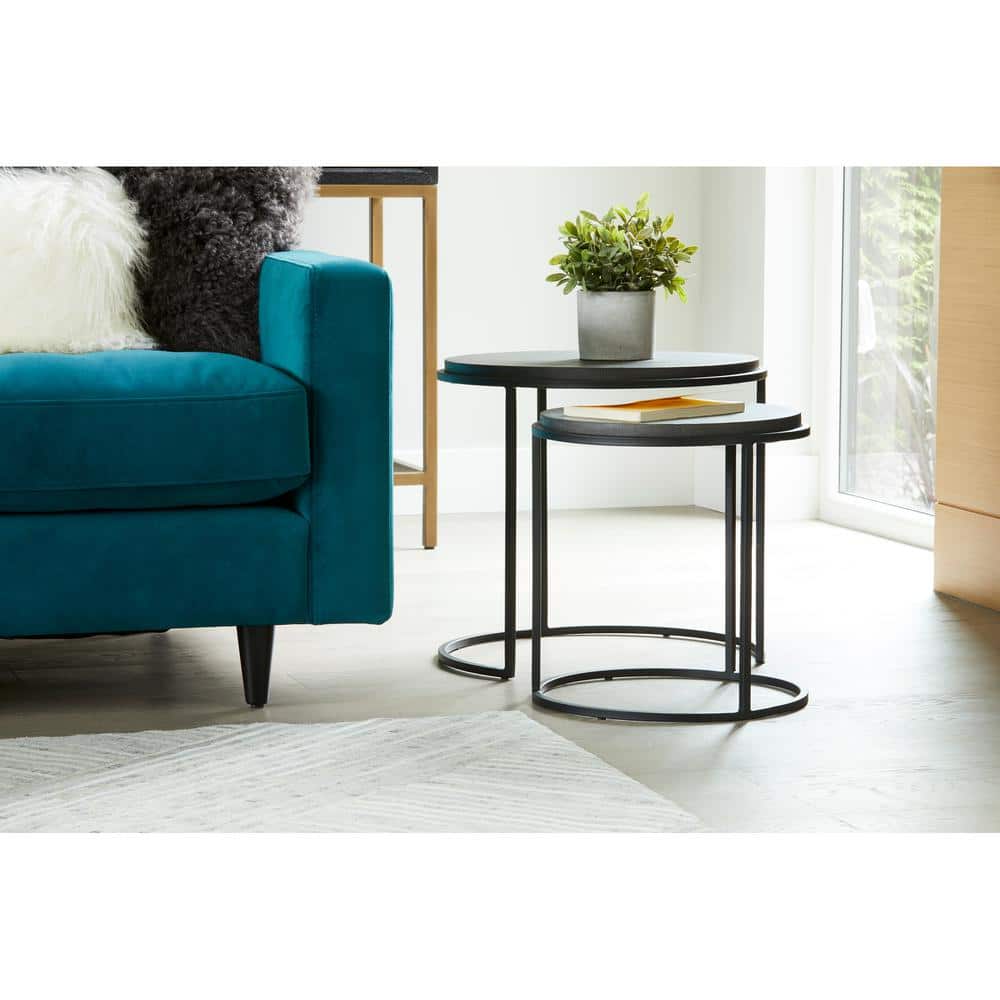 Julius 19.75 in. x 19.75 in. x 18.25 in. Round Lavastone with Iron Base Accent Tables in Black - Set of 2 -  NADAAL STUDIOS, VH-1008-02-HD