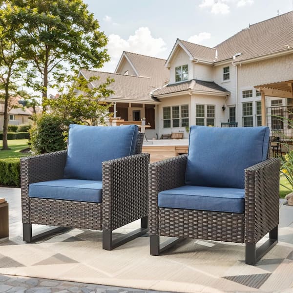 moosprr Porch Brown Wicker Outdoor Lounge Chair with Blue Cushions (2-Pack)