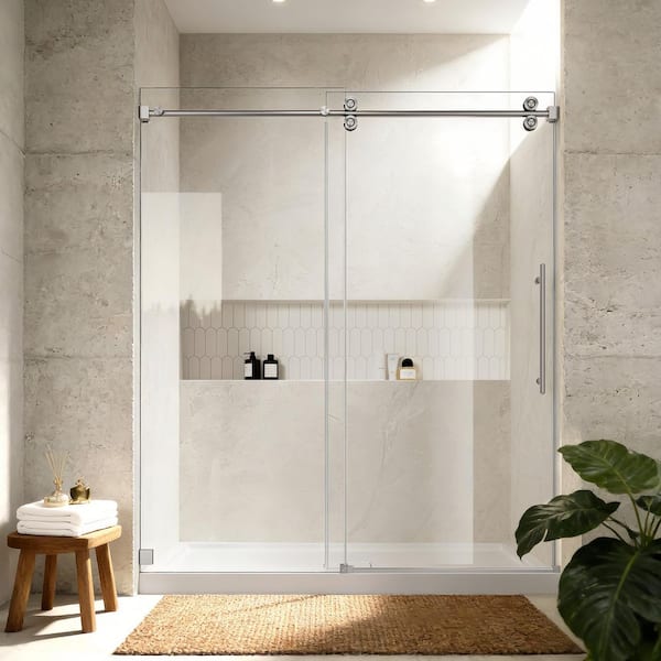 68 - 72 in. W x 76 in. H Single Sliding Frameless Shower Door in Brushed Nickel with 3/8 in. Clear Tempered Glass
