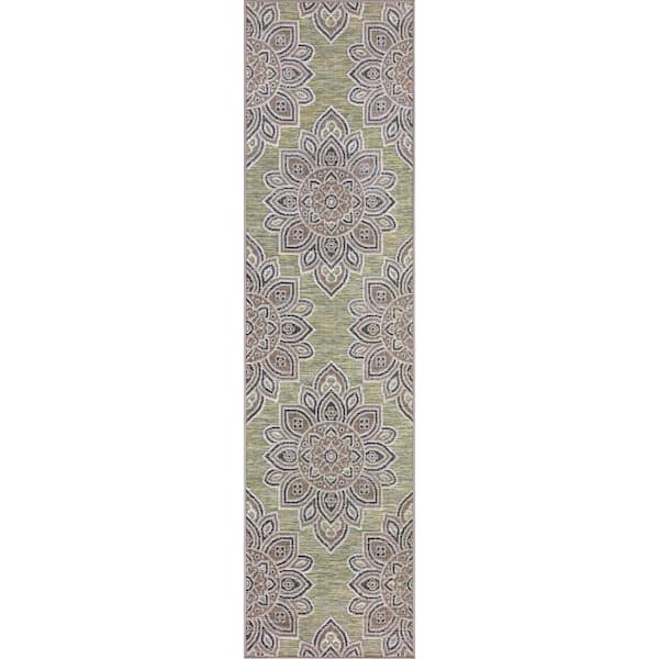 Green 2 ft. x 7 ft. Floral Indoor/Outdoor Patio Runner Rug