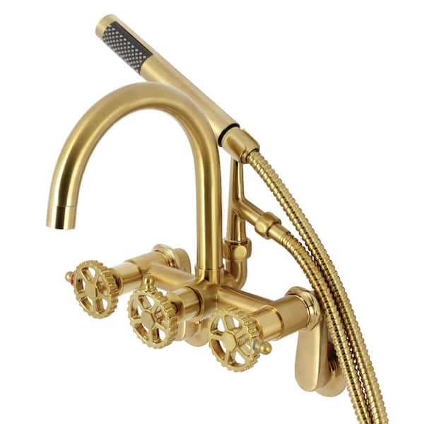 Kingston Brass Fuller 3-Handle Wall-Mount Clawfoot Tub Faucet with Hand Shower in Brushed Brass