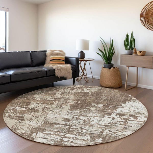 Mayfield Premium Machine Washable Abstract AMF1008 Brown 8 ft. x 8 ft. Round Rug