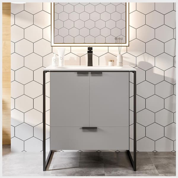 Eviva Moma 32 in. Single Sink Floating Gray Bath Vanity with White Solid Surface Top (Assembled)