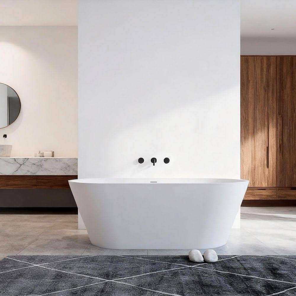 CITTANEO 67 in. x 30 in. Solid Surface Freestanding Soaking Flatbottom Bathtub in Matte White