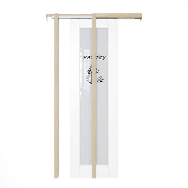 26 in. x 80 in. 1-Lite Frosted Glass White Primed Wood Pocket Door with Hardware (Soft Close and Pantry Sticker-A Incl)