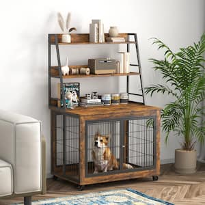 Brown 38.58 in. W x 25.5 in. D x 57 in. H Furniture Style Dog Crate Side Table with Shelves Double Doors Raised Roof