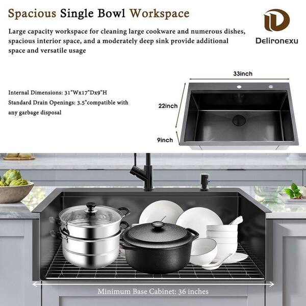 Black Kitchen Sink Drop In, 33"x22" Topmount Ledge Workstation Kitchen - View #3