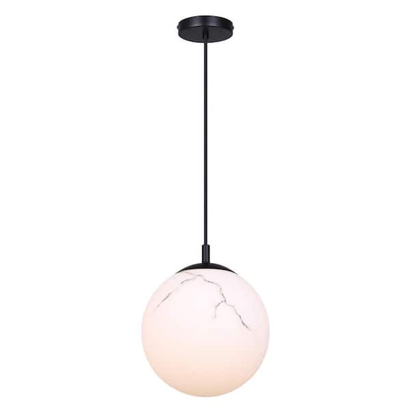 CANARM Halsey 60-Watt 1-Light Black Transitional Pendant with Grey Marbled Glass Shade