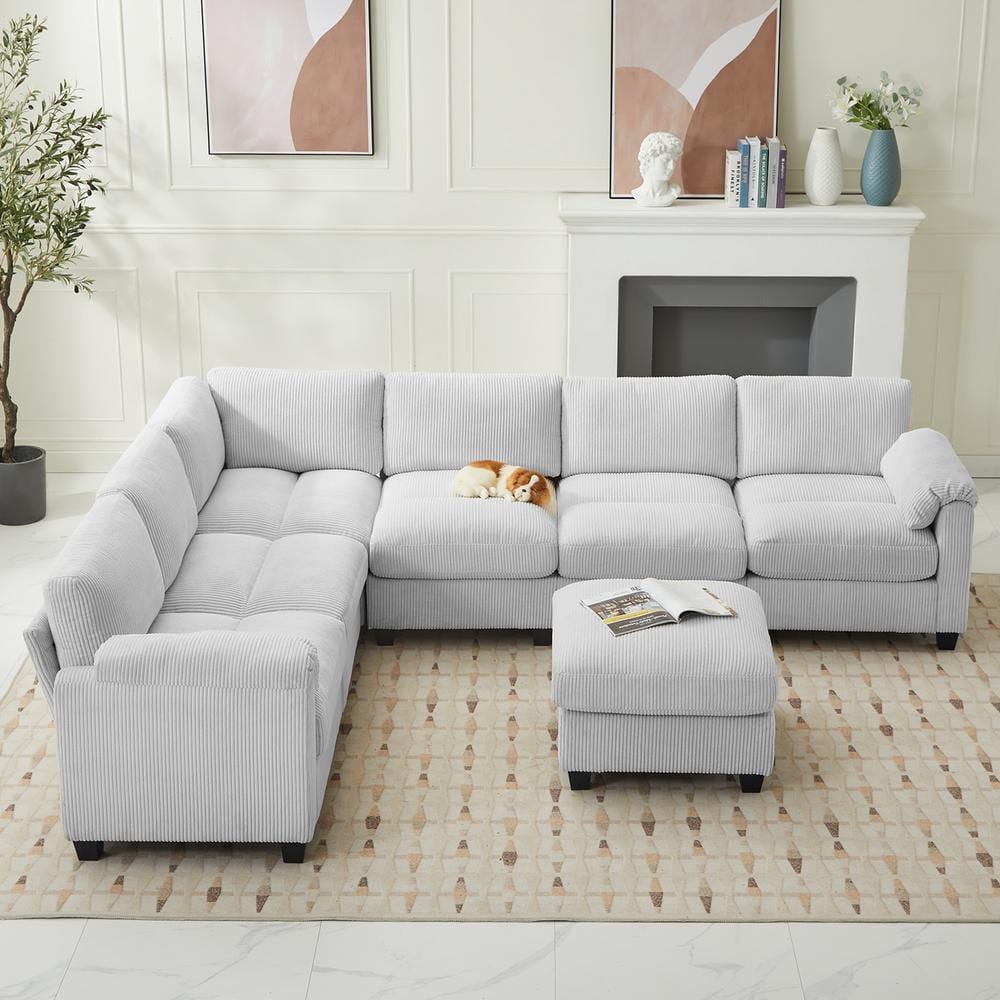 JEAREY 115 in. Corduroy Modular L-Shaped Grey 7-Seat Sectional