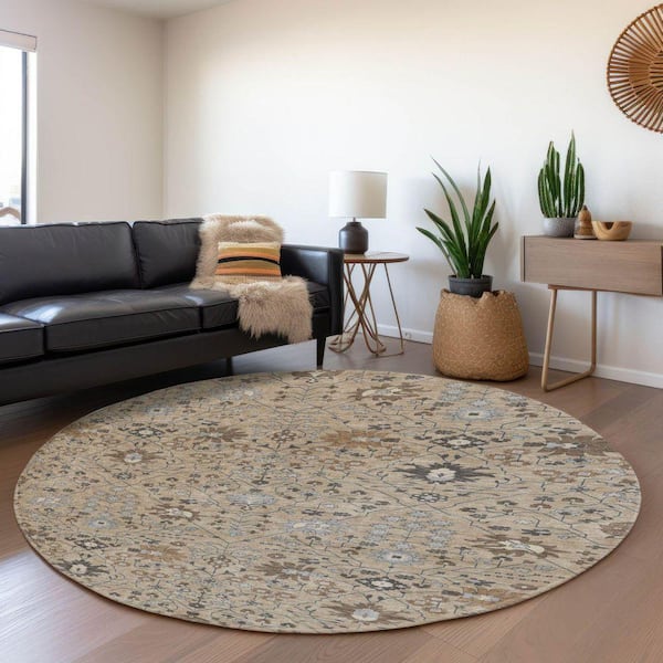 Mayfield Premium Machine Washable Abstract AMF1009 Taupe 8 ft. x 8 ft. Round Rug
