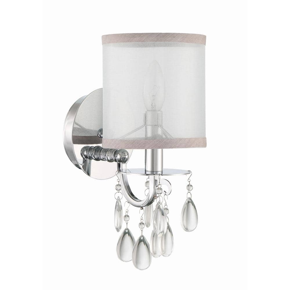 Elegant Chrome Sconce with Translucent Gold Silk Shade and Etruscan Beads