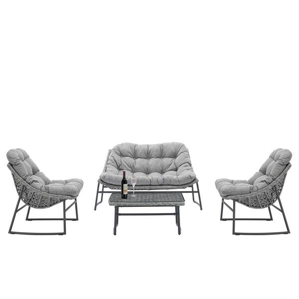 waelph Gray 4-Piece Wicker Patio Conversation Set with Gray Cushions