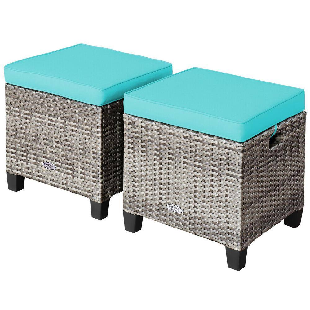 Mix Gray Wicker Outdoor Ottoman with Turquoise Cushions, 2 Pack