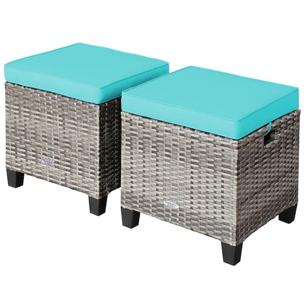 Unbranded Mix Gray Wicker Outdoor Ottoman with Turquoise Cushions, 2 Pack
