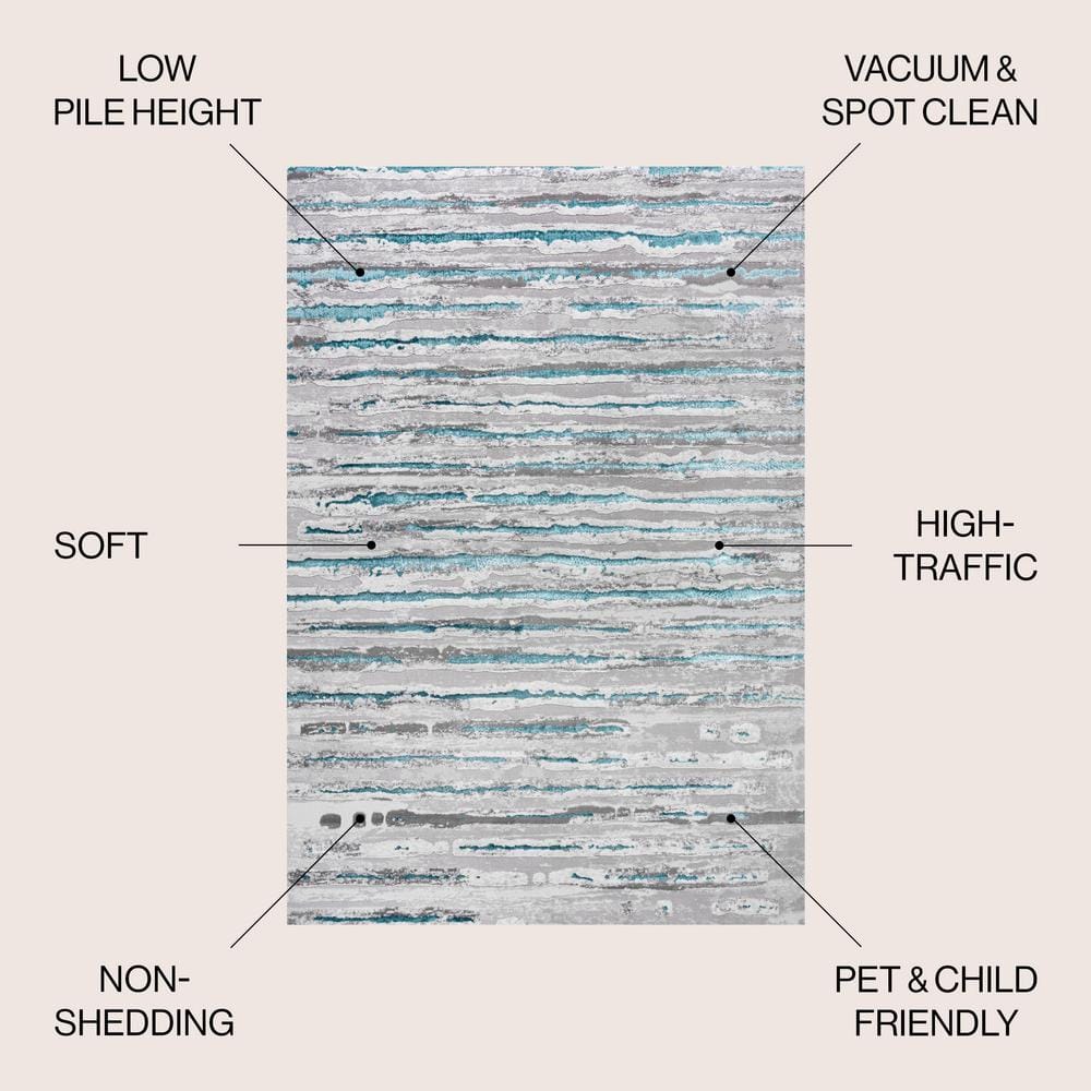 Gray and Turquoise 8' x 10' Synthetic Stripe Area Rug