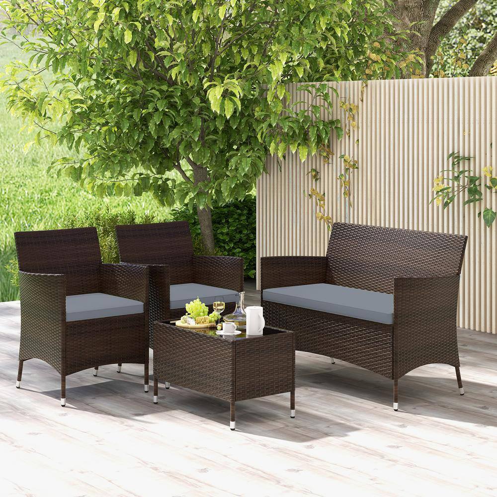 4-Piece Gray Rattan Wicker Patio Sofa Set with Cushions and Coffee Table