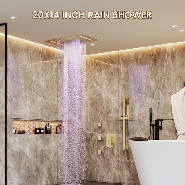 LED Rain Shower System, 2-Handle 3-Spray Shower Faucet and Handheld Shower 2.5 GPM with Pressure Balance in Brushed Gold