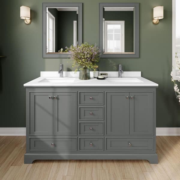Wyndham Collection Deborah 60 in. W x 22 in. D Double Vanity in Dark Gray with Cultured Marble Vanity Top in White with Basins and Mirrors