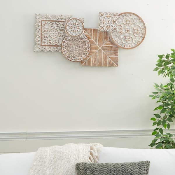 36 in. x 17 in. Wood White Intricately Carved Floral Wall Decor