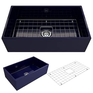 Contempo Farmhouse Apron Front Fireclay 33 in. Single Bowl Kitchen Sink with Bottom Grid and Strainer in Sapphire Blue