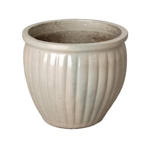 15 in. Pearl White Round Ceramic Planter with Ridges
