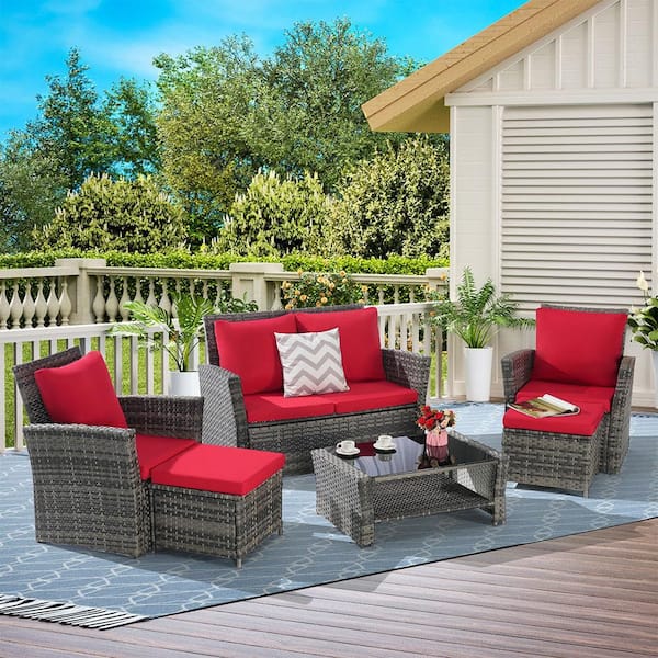 Sudzendf 6-Piece Metal Outdoor Metal All Weather Wicker Rattan Outdoor Sofa Conversation Set with Red Cushion