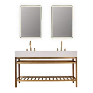 Merano 60 in. W x 22 in. D x 35 in. H Double Sink Bath Vanity in Brushed Gold with White Composite Stone Top and Mirror