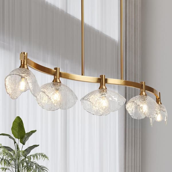5-Light Plated Brass Curved Linear Chandelier with Textured Glass, Modern Glam Kitchen Island Dining Room Pendant Light
